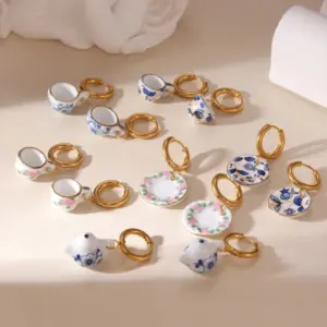 1 Pair Chinoiserie Classic Style Kettle Plate Teacup 304 Stainless Steel Ceramics Drop Earrings
