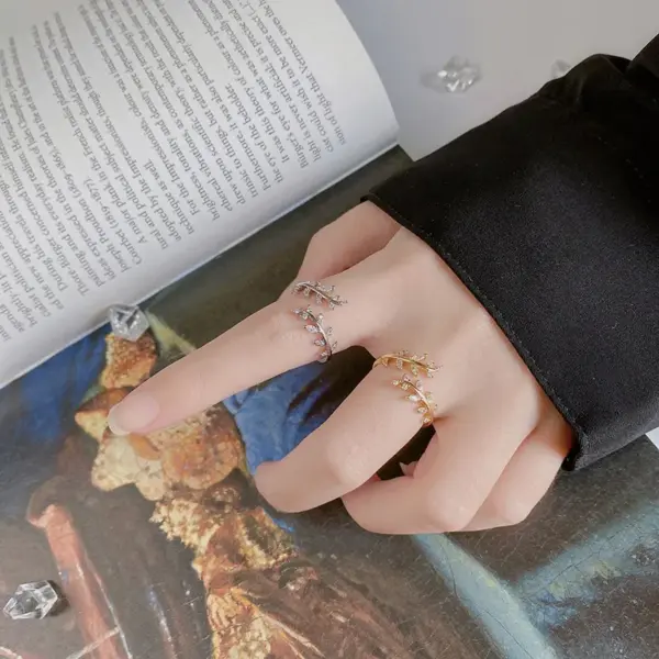 Wholesale Fashion Leaf Copper Inlay Zircon Open Ring 1 Piece