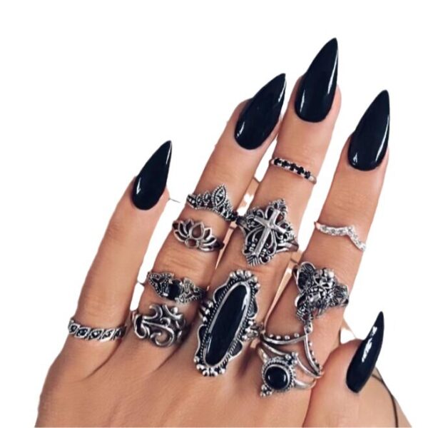 Wholesale Vintage carved sun feather cross black gemstone ring set