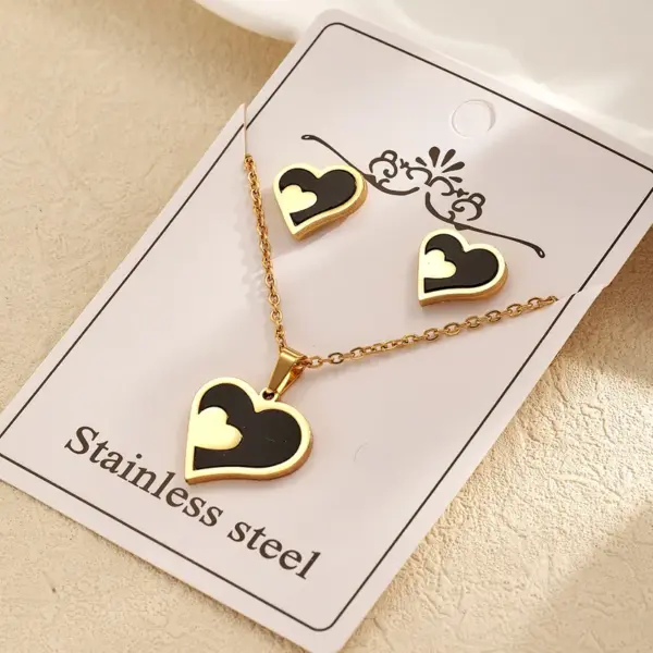 Fashion Style 304 Stainless Steel Water Plated Imitation Gold Double Heart Electroplated Jewelry Set For Women Cable Chain