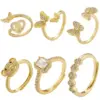 Wholesale Casual Elegant Butterfly Copper Plating Inlay Zircon 18k Gold Plated Open Rings