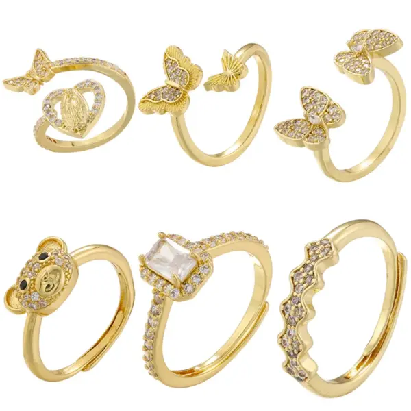 Wholesale Casual Elegant Butterfly Copper Plating Inlay Zircon 18k Gold Plated Open Rings