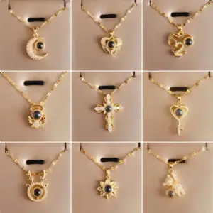 Wholesale Titanium Steel Lady Retro Inlay Moon Heart Shape Cross Zircon Artificial Gemstones Pendant Necklace