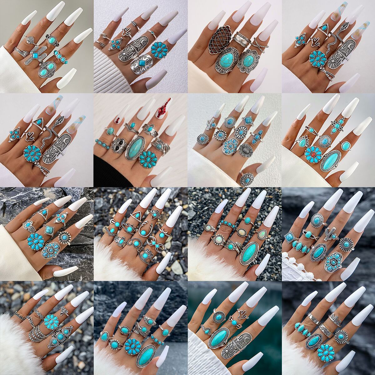 Wholesale new vintage ethnic style inlaid turquoise carved feather ring suit