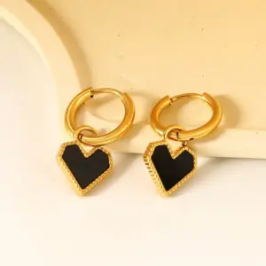 【XKE0139】Black Heart Earrings / Gold