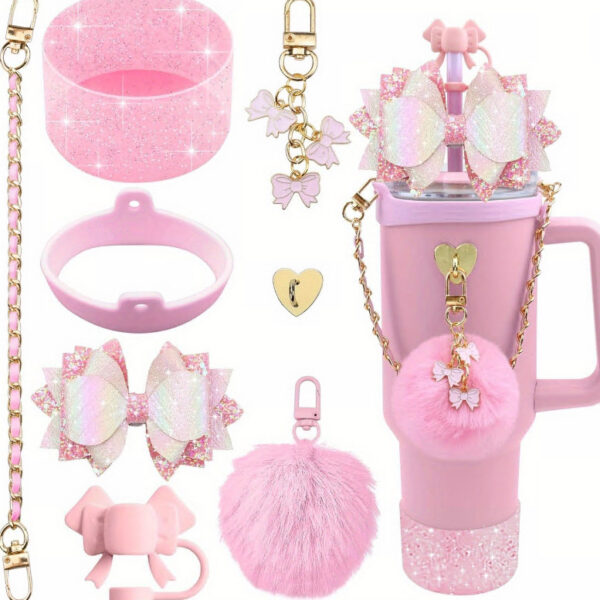 Wholesale Stanley Cup Color Straw Accessories Handmade Cup Chain Plush Love Flower Hanging Ornaments suit Peach Blossom Knot Woven Hand