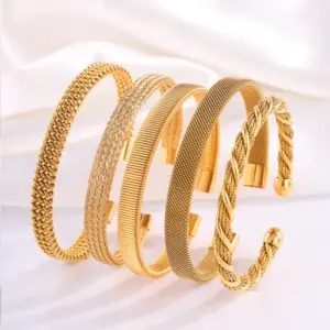 Real Gold Plated 304 Stainless Steel PVD Coated Solid Color Waterproof Non Tarnish Braid Bangle