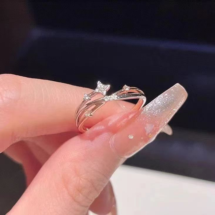 Wholesale Sparkling Design Star Four Mans Star Fashion Index Finger Ring Elegant Women's Light Luxury Opening Niche Commuter Ring Premium