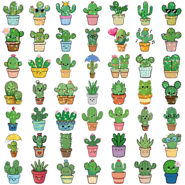 Wholesale 50 Holographic Cartoon Cactus Graffiti Stickers to Decorate iPad Luggage Notebook DIY Waterproof Cross-Border Batch