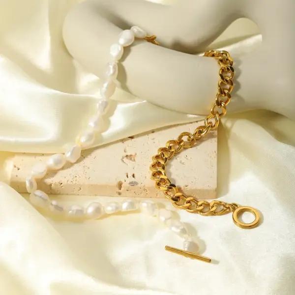 Wholesale 201 Stainless Steel Freshwater Pearl Color Block PVD Coated 18K Gold Plated Real Gold Plated Luxurious Romantic Waterproof Non Tarnish Beaded Plating Necklace
