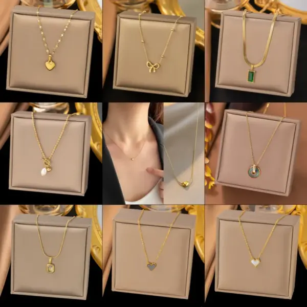 Wholesale PVD Coated Real Gold Plated Round Heart Shape Bow Knot Titanium Steel Sweet Waterproof Non Tarnish Titanium Steel Lobster Trigger Clasp Closure Necklace