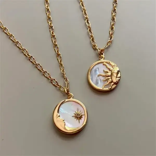 Wholesale Jewelry Ethnic Style Sun And Moon Totem Stainless Steel Natural Fritillary Inlay Pendant Necklace