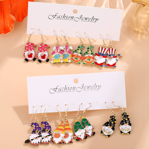 Wholesale New cross-border holiday dwarf earring set: dwarf witch hat, pumpkin, Christmas lights, snowflake, and Easter egg earrings.