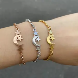 Wholesale PVD Coated 18K Gold Real Gold Plated Star Moon 201 Stainless Steel Fashion Waterproof Non Tarnish 201 Stainless Steel Bracelets