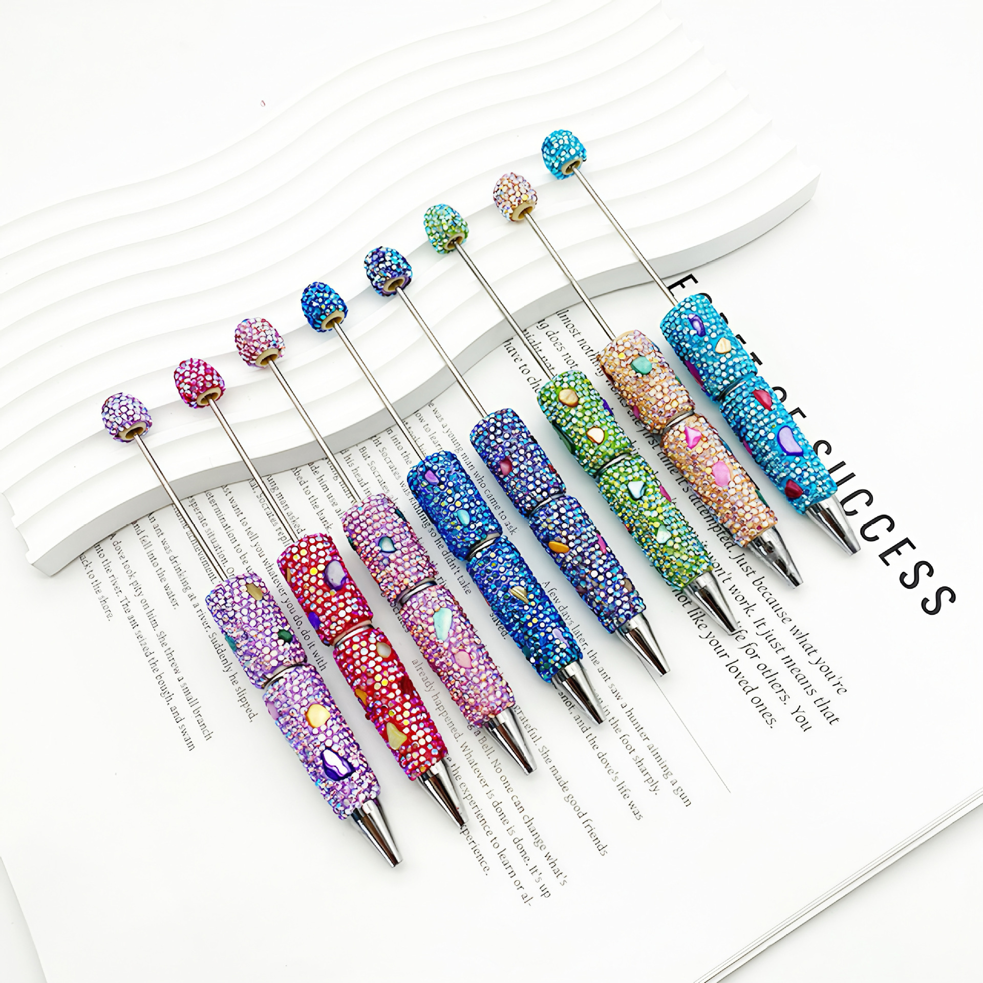 Wholesale Cross-border electroplating colorful shell full diamond beaded pen DIY handmade stick ill ball pen colorful shell stone pen
