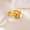 Wholesale Romantic Flower Moon Butterfly Shark Pattern Open Ring 18K Gold Plated Luxury Zircon Imitation Jade Women's Jewelry Banquet Party Wedding Jewelry Stainless Steel