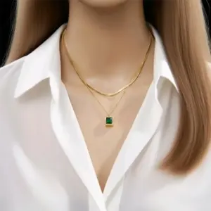 X0227-Double Layer Green Diamond-Necklace- Gold