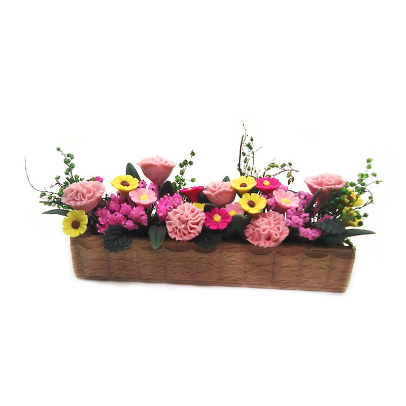 Wholesale 1:12 doll house aessories dollhouse simulation mini clay flower color long wood tted flower wooden box flower model