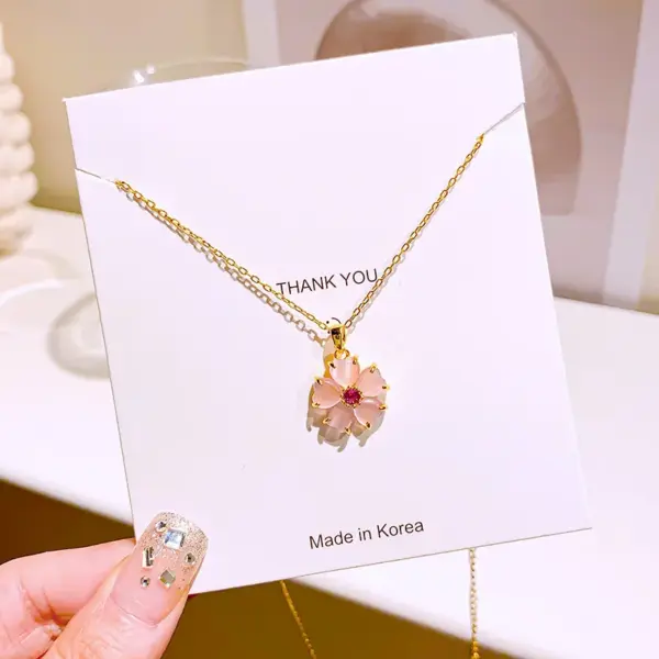 Wholesale Jewelry Elegant Flower 304 Stainless Steel Cat's Eye Stone Inlay Pendant Necklace