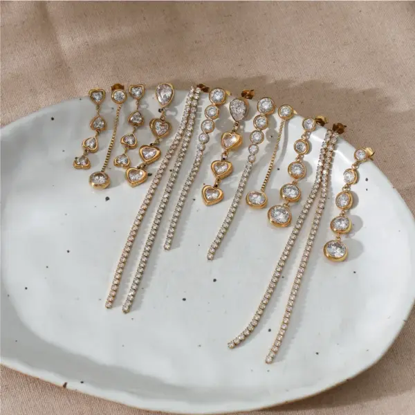 Wholesale 304 Stainless Steel Simple Zircon Pendant Tassel Long Earrings For Women 16K Real Gold Plated Platinum Plated Vacuum Electroplating (Fired) Waterproof Non-Fading Earrings