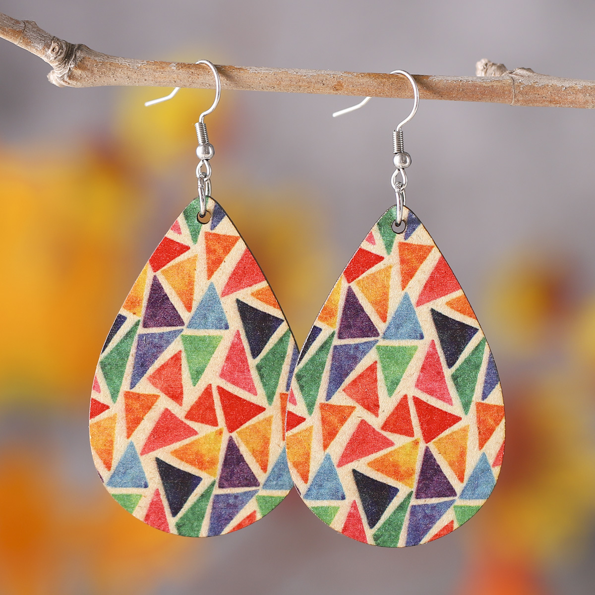 Wholesale Geometric colorful triangle earrings double-sided wooden tearop earrings female Bohemian earrings