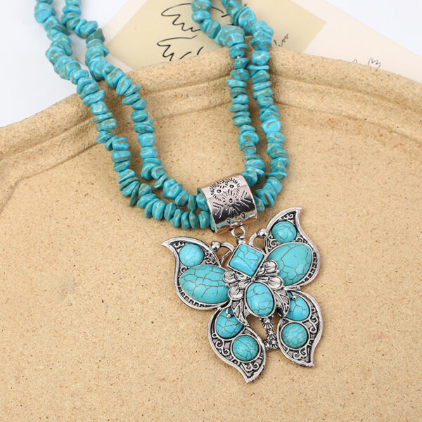 oly-d6e1524c7a6bfb9bf82e7e5208a84c57 Wholesale European and American Jewelry Western Style Water op Flower Turquoise Double-Layer Butterfly Necklace Personalized Retro Carved Heavy Industry Necklace Jewelry
