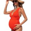 oly-d6e15c82560a41262783d9e05e60a018 Wholesale Pregnant Women's Swimsuit Women's Spring Conservative plus size Swimsuit Loose Solid Color Deep V-neck Chest Gather-Swimsuit
