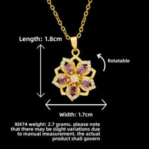 XL474 Rotating Purple Five-Petal Flower Necklace / Gold