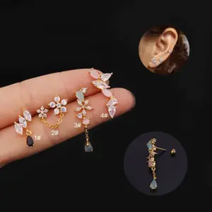 316L Stainless Steel Copper Zircon Ear Cartilage Rings & Studs Flower Waterproof Non Tarnish Surgical Steel Women'S