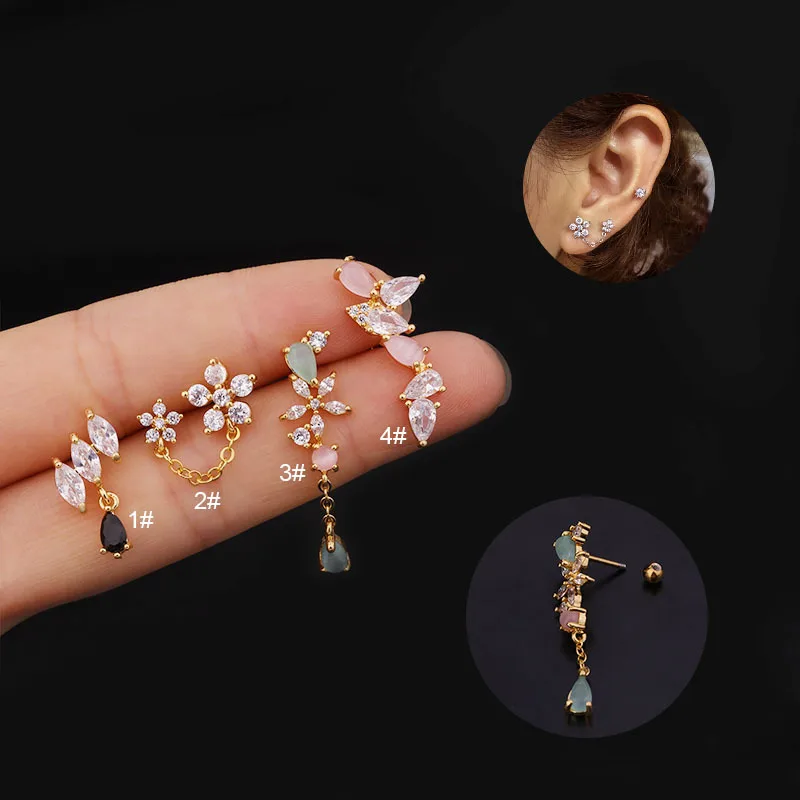 Wholesale 316L Stainless Steel Copper Zircon Ear Cartilage Rings & Studs Flower Waterproof Non Tarnish Surgical Steel Women'S