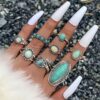 Wholesale new vintage ethnic style inlaid turquoise carved feather ring suit