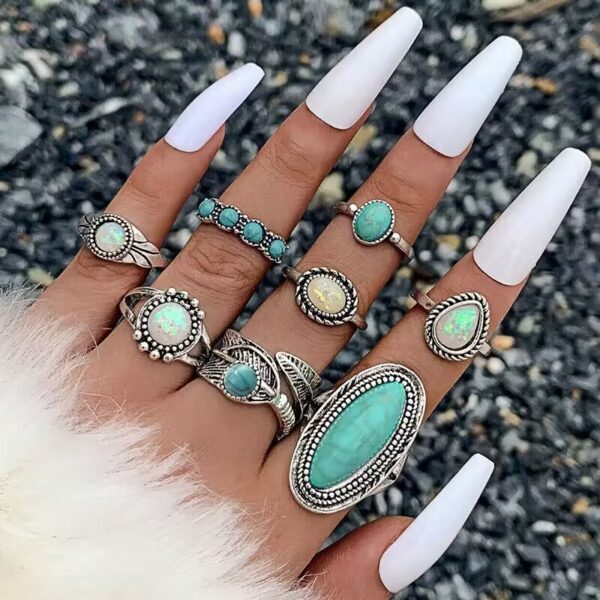 Wholesale new vintage ethnic style inlaid turquoise carved feather ring suit