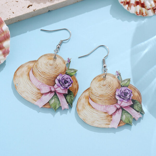 Wholesale Pink Bow Flower Straw Hat Acrylic Pendant Earrings