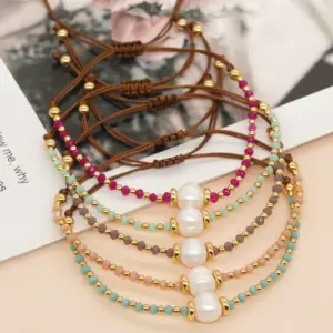 Casual Simple Style Round Artificial Crystal Freshwater Pearl Beaded Drawstring Braid Bracelets