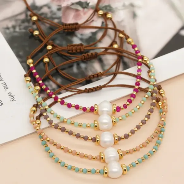 Casual Simple Style Round Artificial Crystal Freshwater Pearl Beaded awstring Braid Bracelets