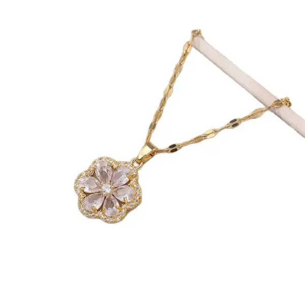 Wholesale Women's Flower Inlaid Zircon Cross Necklace Simple Bohemian Style Titanium Steel Fashion Jewelry Collarbone Chain Pendant