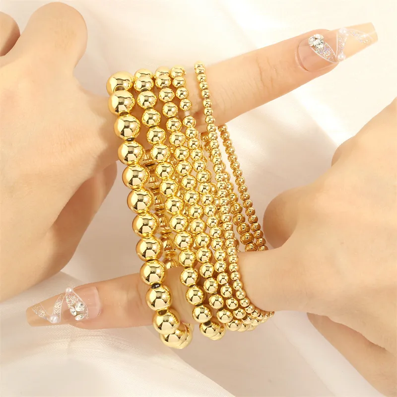 Wholesale Copper Round Hip-Hop Simple Style Gold Bead Necklace Gold Bracelets