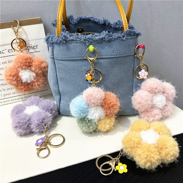 Wholesale Cherry blossom fur ball car keychain small fresh colorful plush small flower mobile phone ornaments flower bag pendant gift