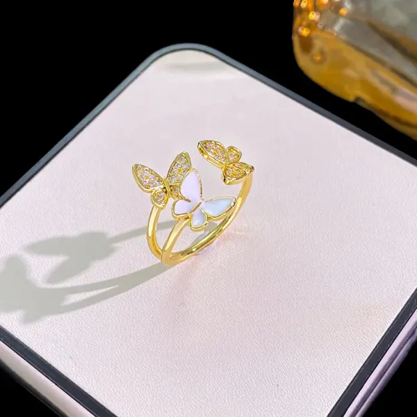 Wholesale Jewelry Elegant Classic Style Pearl Butterfly Nail Copper Zircon 18K Gold Plated K Gold Plated Inlay Open Rings