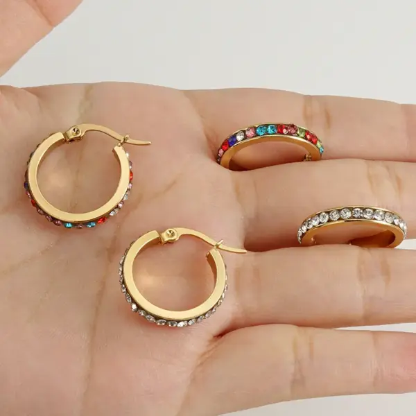Wholesale 1 Pair Fashion Geometric Inlay Titanium Steel Rhinestones Hoop Earrings