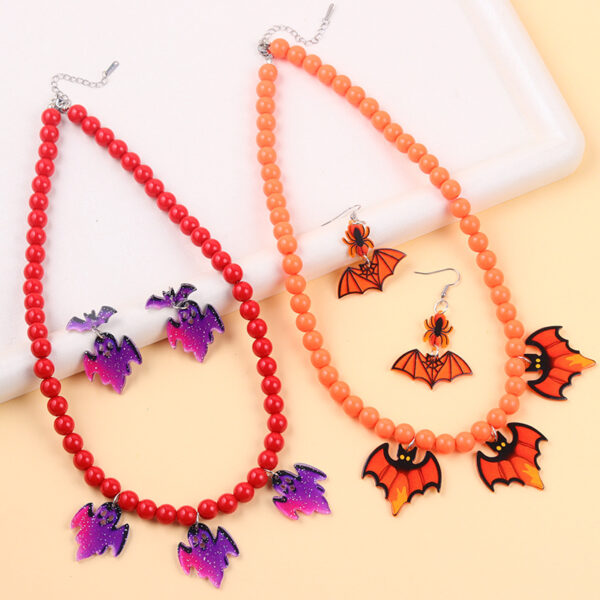 Wholesale European and American Halloween Creative Earrings Solid Color Bat Ghost Beaded Acrylic Necklace Personalized Jewelry Set for Women