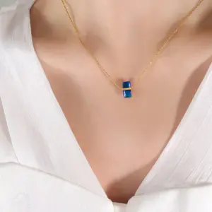 P267-Gold September Blue Zircon Necklace-40+5cm