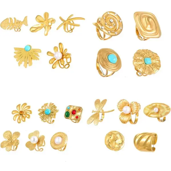 Fashionable Geometric Flower Shell Pattern Stainless Steel Ring Set With Zirconia And Pearl Adjustable Open Ring Elegant And Luxurious