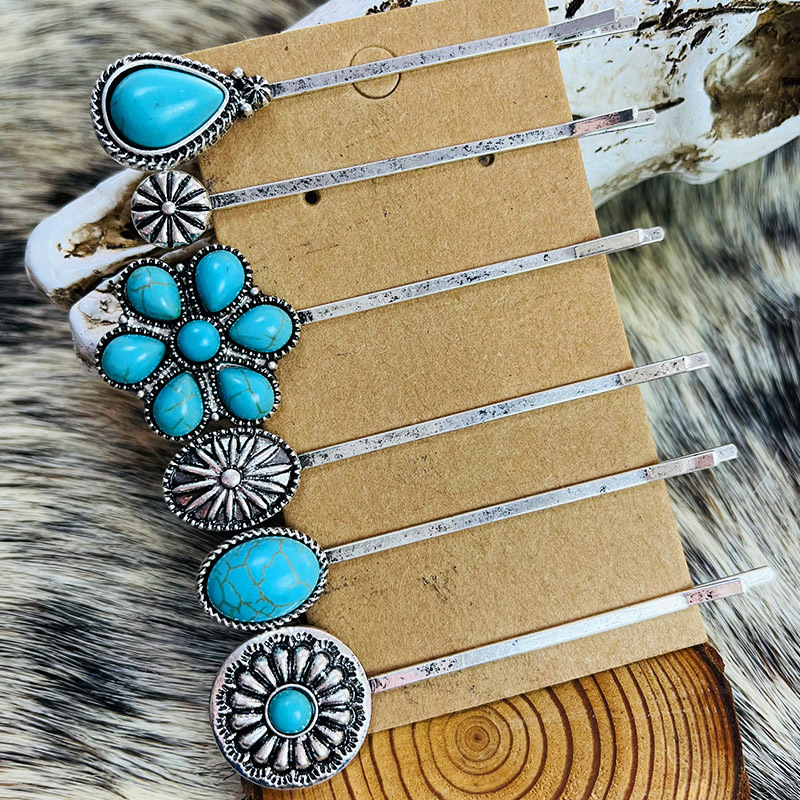 Wholesale Retro turquoise alloy flower western style hairpin