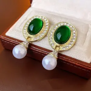 60# Silver Needle Mid-Ancient Diamond Resin Pearl Oval Earrings