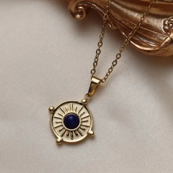 Wholesale 201 Stainless Steel 304 Stainless Steel Ferroalloy Round Oval Eye Electroplating Vacuum Plating Natural Stone Real Gold Plated Vintage Style French Style Waterproof Non Tarnish Inlay O-shaped Chain Gold Pendant Necklace