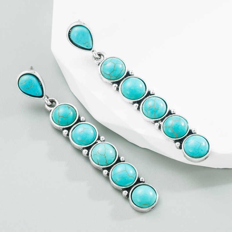 Wholesale Foreign Trade Hot Sale Turquoise Earrings Women's European and American Ethnic Style Ancient Sier Round Stone Creative Long Banquet Earrings