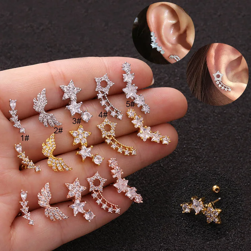 Wholesale 316L Stainless Steel Copper Zircon Ear Cartilage Rings & Studs Star Waterproof Non Tarnish Surgical Steel Women'S