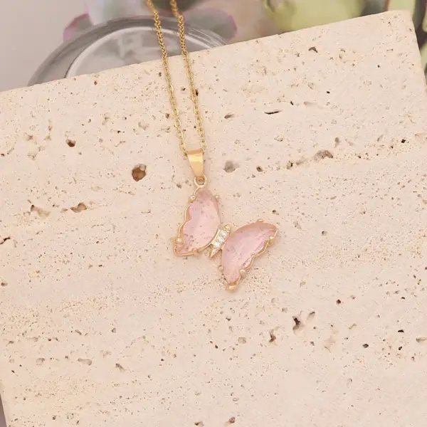 PVD Coated 18K Gold Real Gold Plated Butterfly Stainless Steel Glass Copper Cute Waterproof Non Tarnish 304 Stainless Steel Pendant Necklace