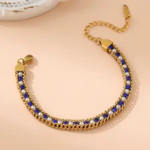 Blue with Pearl / One Size / 1 Piece Rhinestone-Encrusted Chain Bracelet